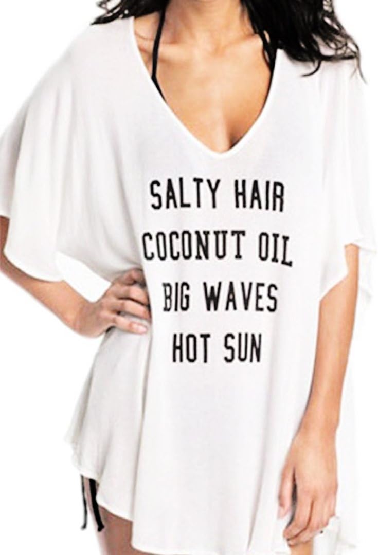 Women's Swimsuit Beach Oversized Covered up Baggy with Print T-shirt-White