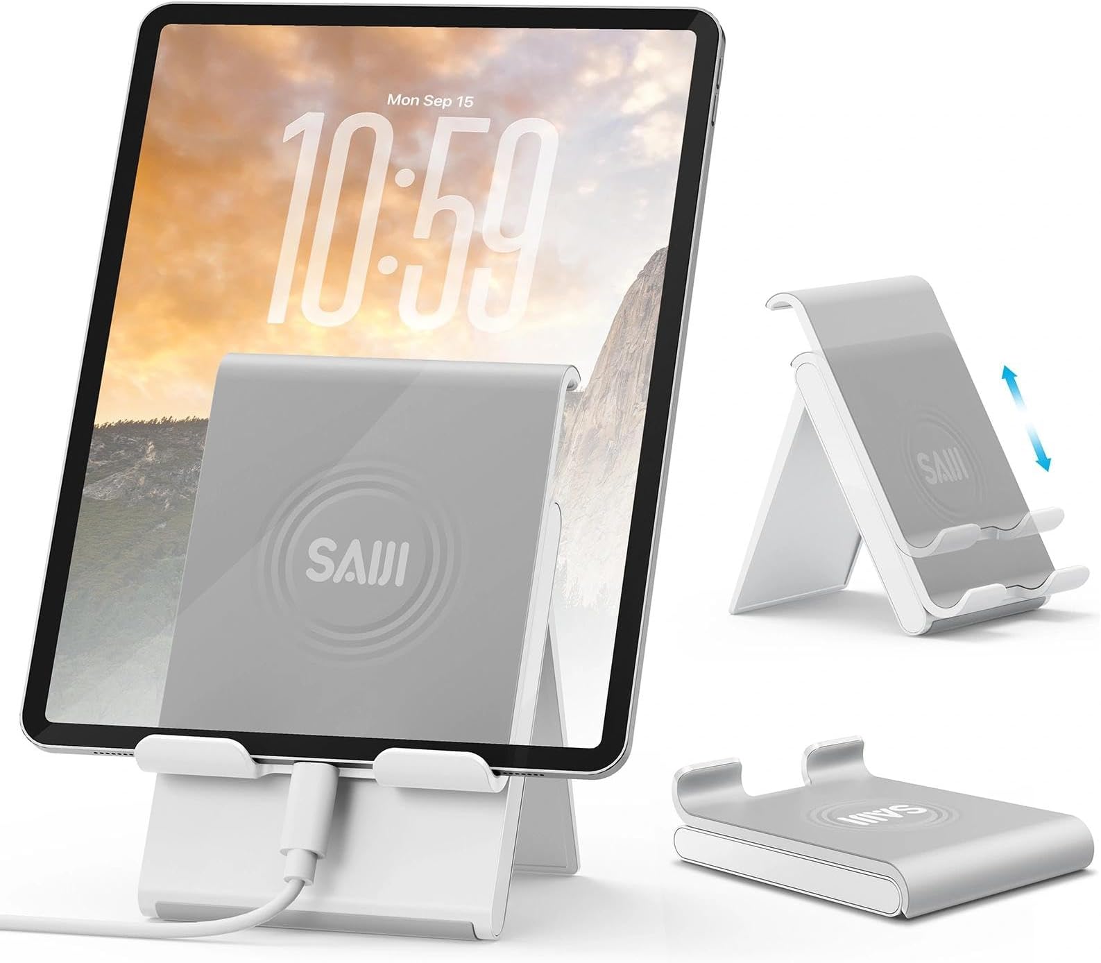 Tablet Stand Adjustable, Desktop Phone Stand Holder Dock, Foldable Portable Stand Compatible with Tablet Such as iPad Pro 11, Air Mini, Kindle, E-Reader - Gray