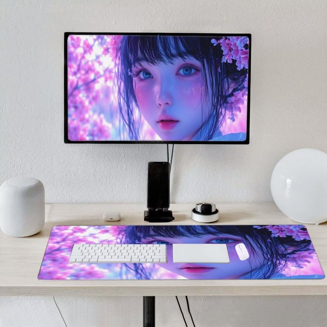 Alfombrilla de ratón 1400x600x3 MM, Alfombrilla Ratón XXL Extendida de Gran Tamaño con Bordes Cosidos, Base de Goma Antideslizante Almohadilla para Teclado, Cherry Blossom Woman S-12155