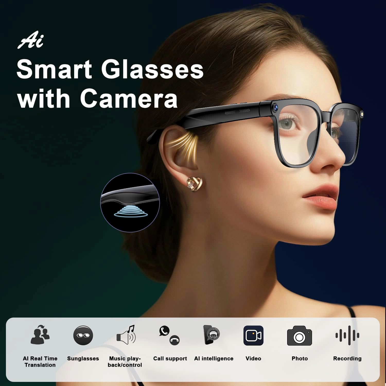AI Smart Glasses with Camera and Audio, 8MP HD Camera Glasses for Men Women,1080P Video Recording Sunglasses,Real Time Translation,Voice Assistant, Open-Ear Audio for Travel, Meetings & Vlogging 89787