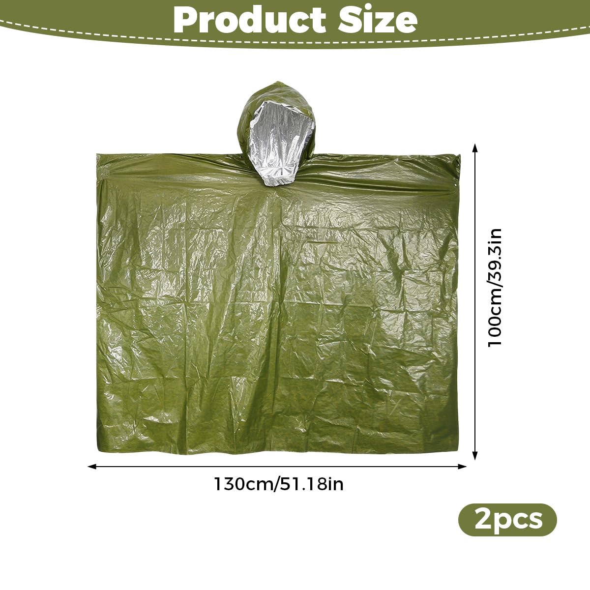 Ponczo survivalowe, 2 sztuki, 130 × 100 cm,awaryjne ponczo przeciwdeszczowe | wiatroszczelne, przenośne, bez użycia rąk, do użytku na świeżym powietrzu, ochrona przed deszczem, na kemping, wędrówki, w