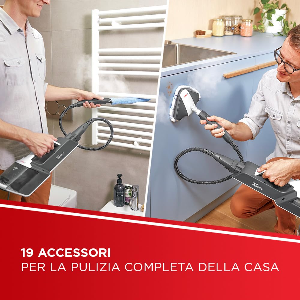 Polti Vaporetto SV650 Style, Scopa a Vapore con Pulitore Portatile Integrato, Potenza Max 1500 W, 19 Accessori, Filtro Anti Calcare, Autonomia Illimitata, Parking Verticale, Rosso e Bianco