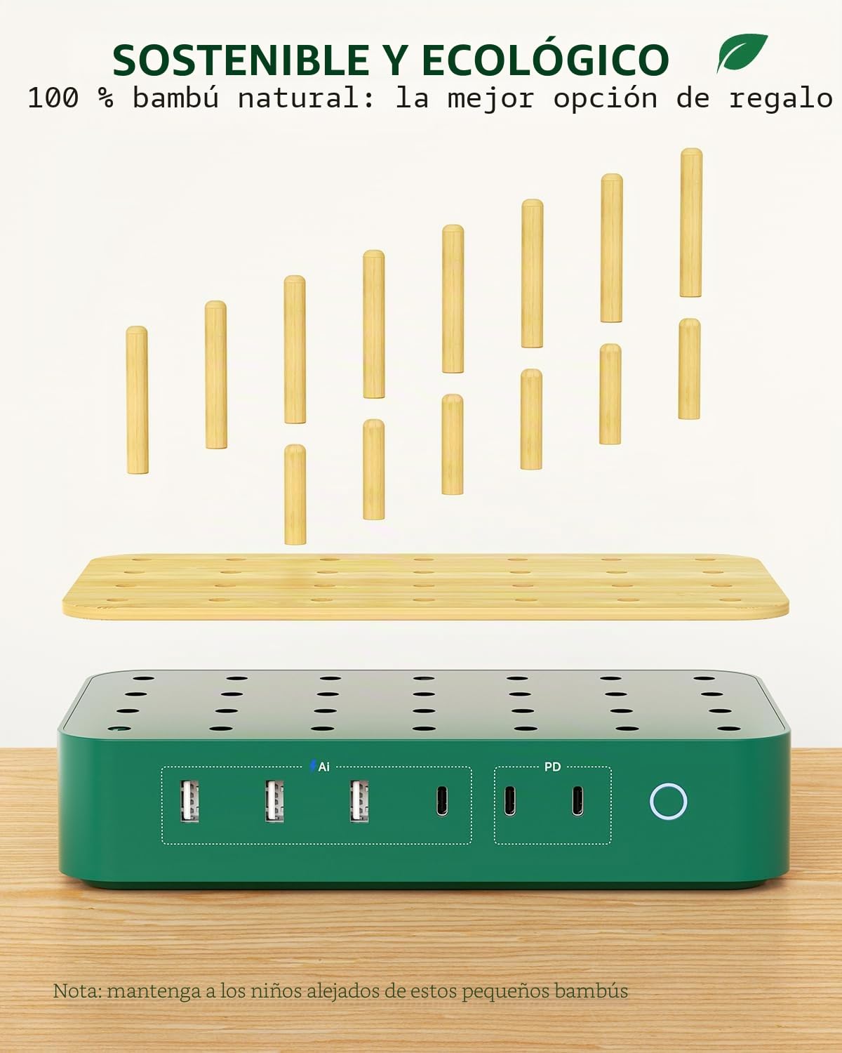Estación de Carga USB-C de bambú para múltiples Dispositivos,60W, 6 Puertos con 3 Salidas de CA (3 USB C, 3 USBA),Cable de alimentación de 2 m para teléfono, lPad y Tableta(6 Cables incluidos),Verde