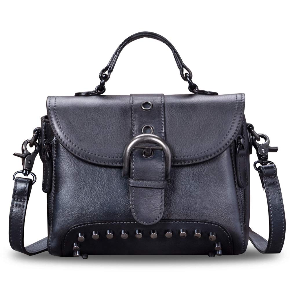 Genuine Leather Satchel for Women Vintage Handmade Crossbody Bag Purse Top-Handle Handbag (Black)
