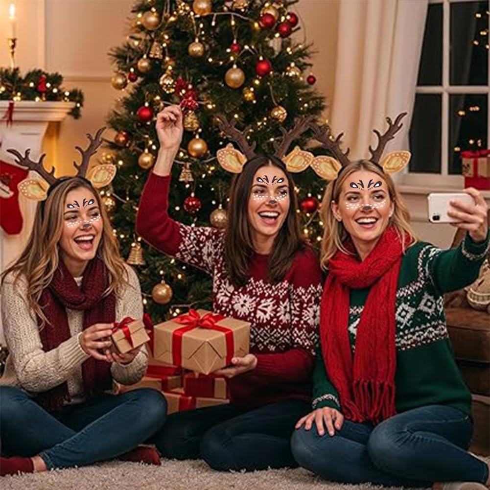 HTGWCG Reindeer Headband Costume Kit, World Book Day Girls Deer Antlers Horns Deer Ears Headband Deer Face Tattoo Stickers - Image 4
