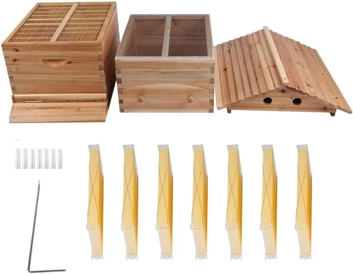Beehive Starter Kit,Self-Flowing Wooden Bee Box with 7 Honeycomb Trays,Frame Complete Bee Box with Observation Window & Honey Spout,Carpenter Bee House,for Garden Pollinators