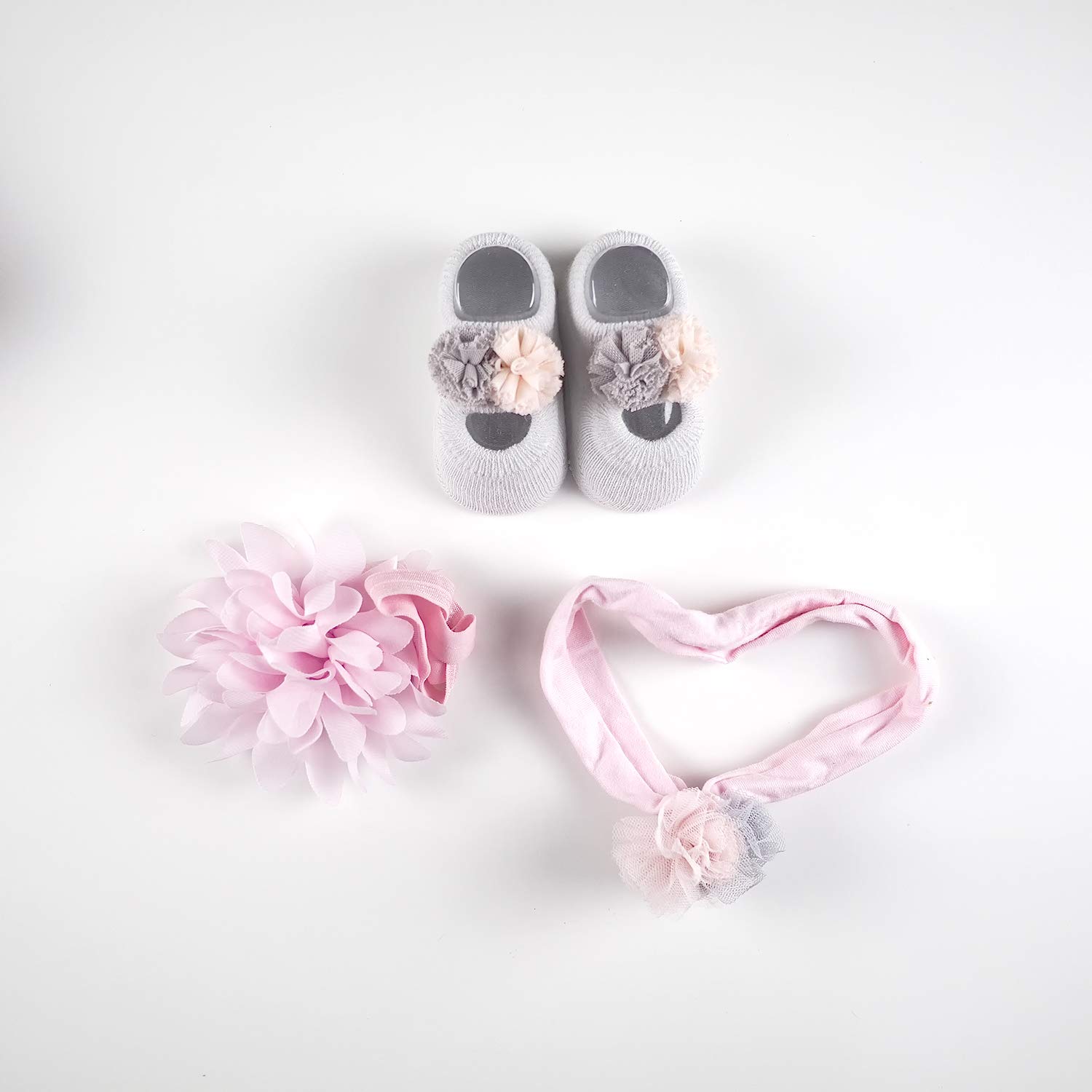 Newborn Fancy Gifts Box Pack | Lace Flower Bows, Crown Princess Headband & Anti Slip Cotton Baby Socks Set (Grey Butterfly)