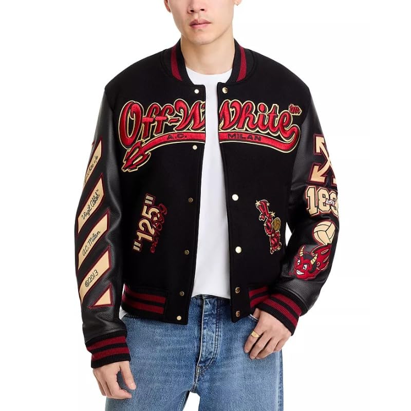 A C Milan X Off-White 125th Anniversary Varsity Jacket | Football Club A C Milan Leather Bomber Jacket2
