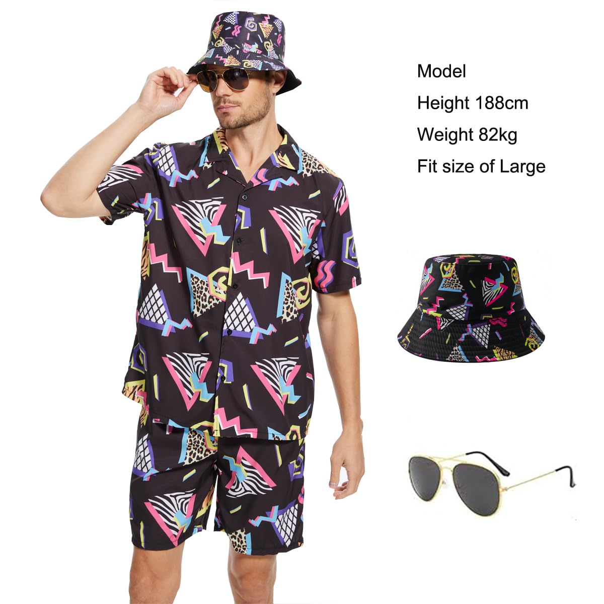 CEKUIA 80s 90s Fancy Dress Shell Suit Disco T-shirts Shorts Set Costume Hip-hop Sportswear for Men Women Tracksuit with Glasses and Hat - Image 2