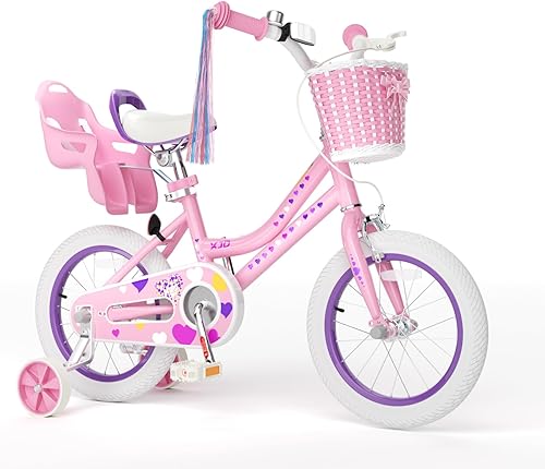 XJD Bicicleta para niñas de 2 a 12 años de edad, bicicleta para niños de 12 a 20 pulgadas, con ruedas de entrenamiento y cesta Rosa claro,Flor