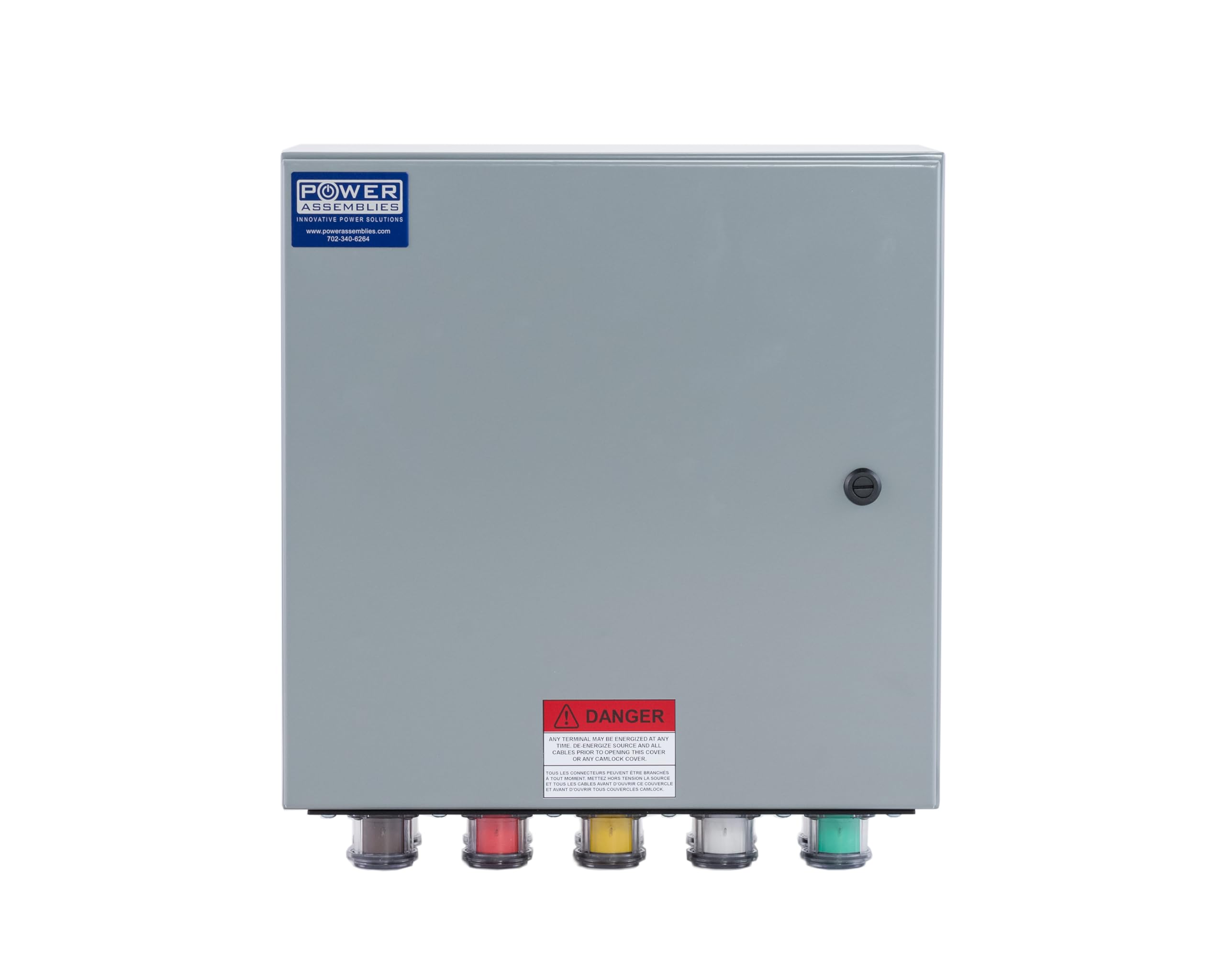 Power Assemblies Camlock Connection Box, 400 Amp, 277/480V, 3 Phase, 4 Wire, NEMA 4/12 Box with Camlock Series 16 Male Inputs, Double Set Screw Wall-Mount Power Distribution Box, BRN/ORG/YEL/WHT/GRN