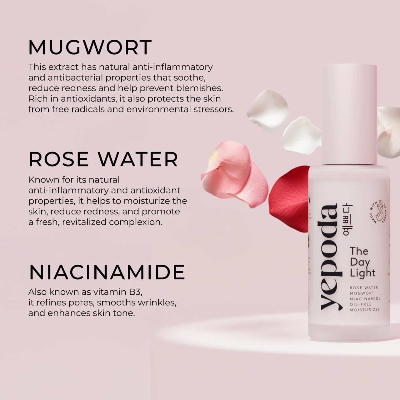 Yepoda The Day Light, Crema Idratante Giornaliera Purificante Senza Oli con Acqua di Rosa, Artemisia e Niacinamide. Crema Viso Vegana Coreana Idratante. Per Tutti i Tipi di Pelle, 50 ml