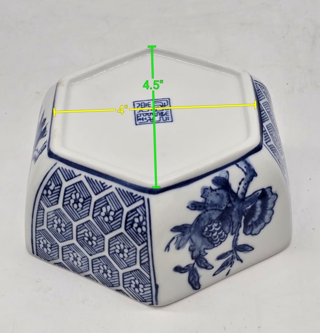 Classic Blue and White Ceramic Porcelain Jar Vase, Hexagon Canister, Sugar Candy Container, Tea Container, Lion Button Lid, Hand-Crafted Chinoiserie Decor