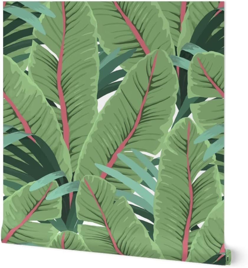 Peel & Stick Wallpaper 3ft x 2ft - Tropical Banana Leaves White Pink Green Jungle Beach Custom Removable Wallpaper by Spoonflower