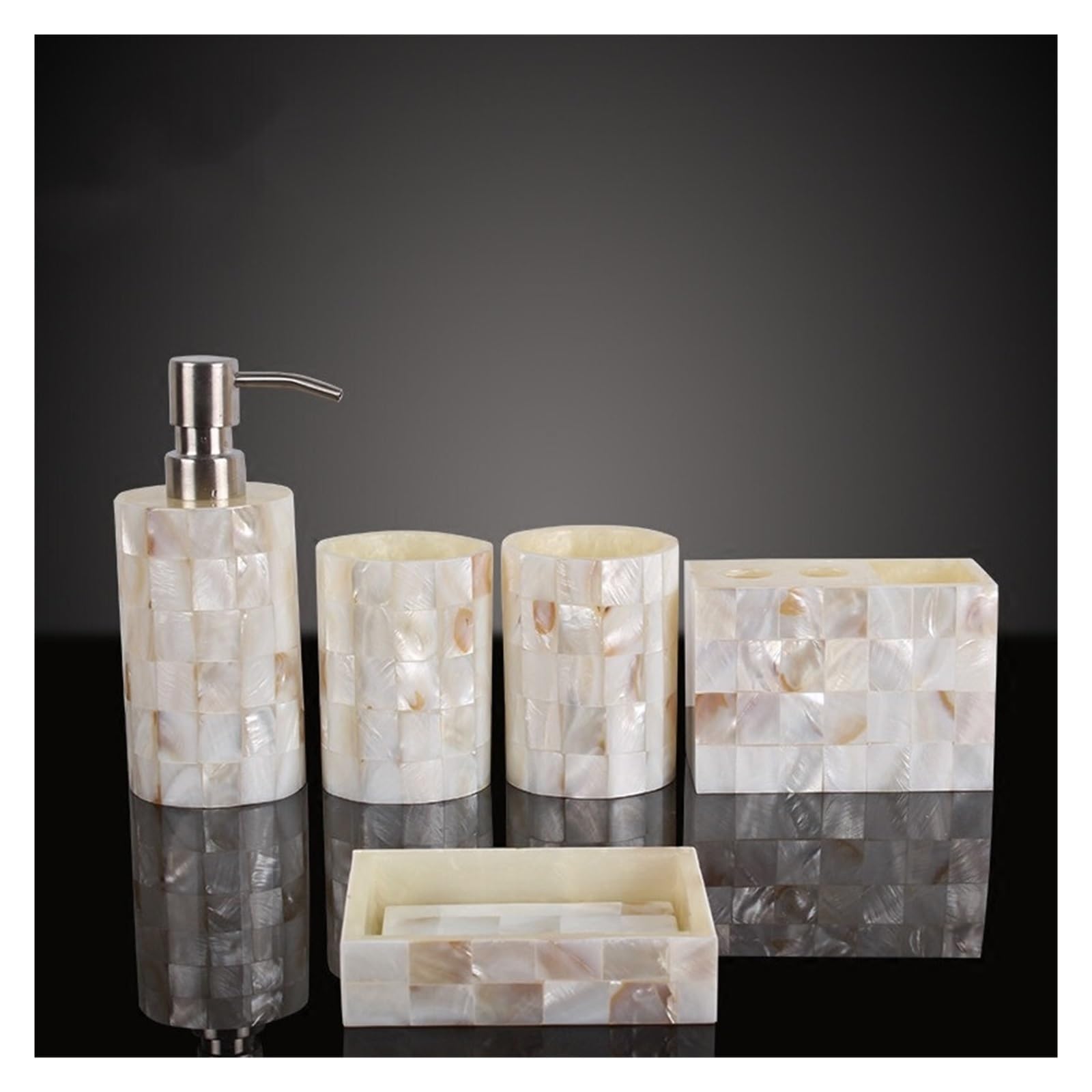Set Dispensador Jabon Baño Juego de cinco piezas de accesorios de baño de resina con forma de concha, herramientas de lavado, dispensador de jabón, vaso for gárgaras, soporte for cepillo de dientes, j