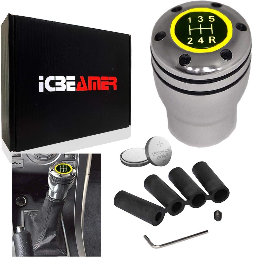 ICBEAMER Silver Aluminum Shift Knob Yellow LED Light Top Glow, Fit Buttonless Automatic & 4, 5, 6 Speed Manual Transmission Interior Car Gear Lever Stick Shift Racing Style [Battery Included]