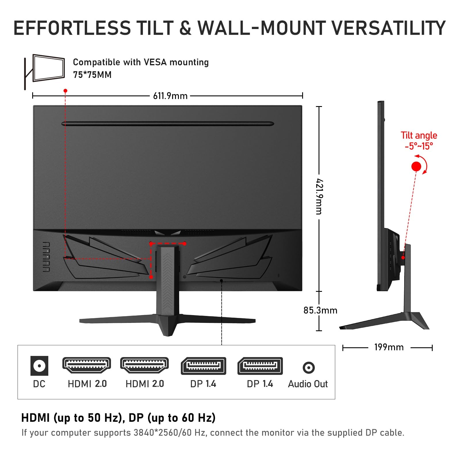 Gawfolk Gaming Monitor 28 Zoll 4K 60Hz IPS PC Bildschirm mit Lautsprecher | 3840 x 2560P Computerbildschirm mit FreeSync, HDMI, DisplayPort, 178° Weiter Betrachtungswinkel, unterstützt VESA 75*75MM