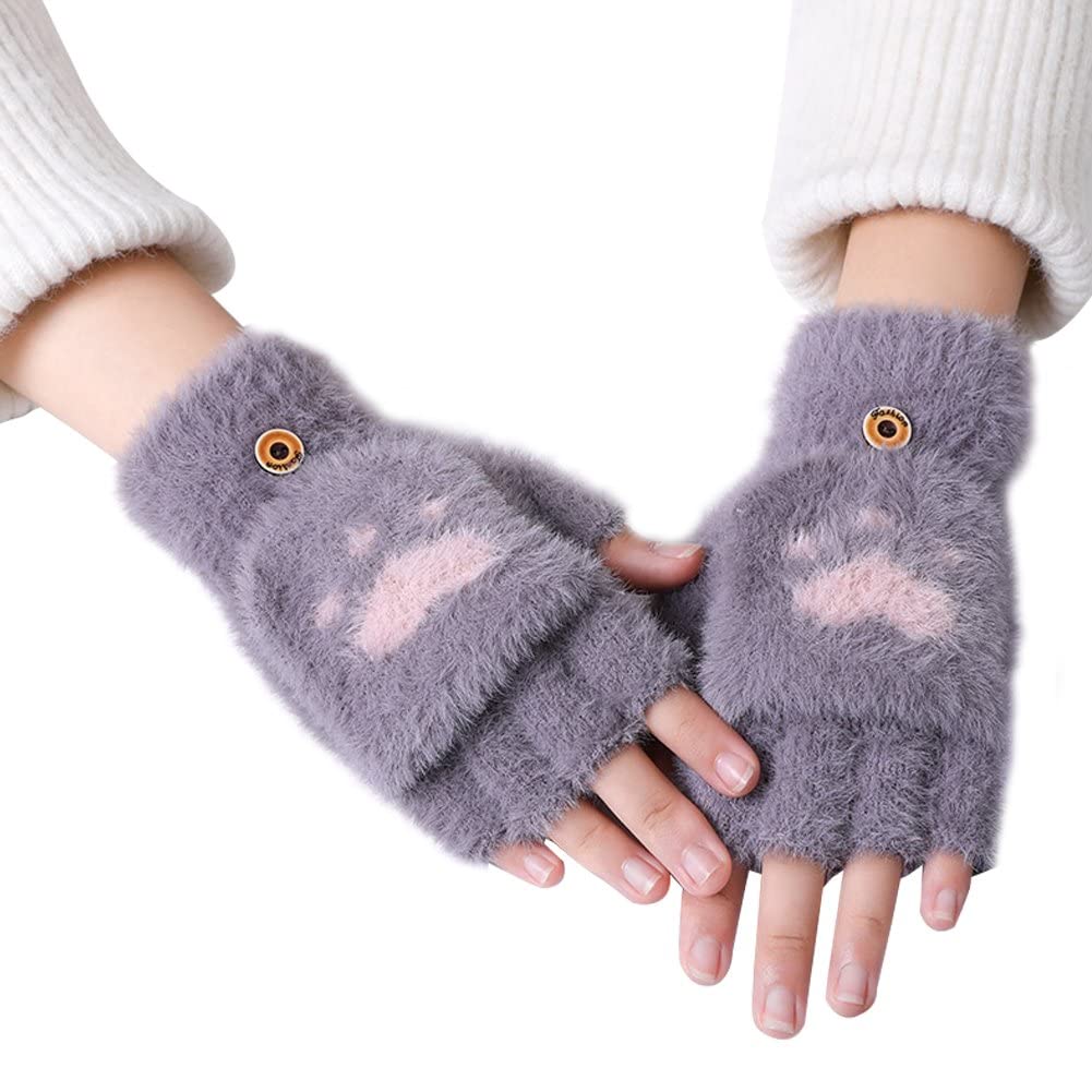 Stakee Women Convertible Glove Plush Fingerless Gloves Half Finger Mitten Winter Knit Glove Warm Gloves for Cold Days