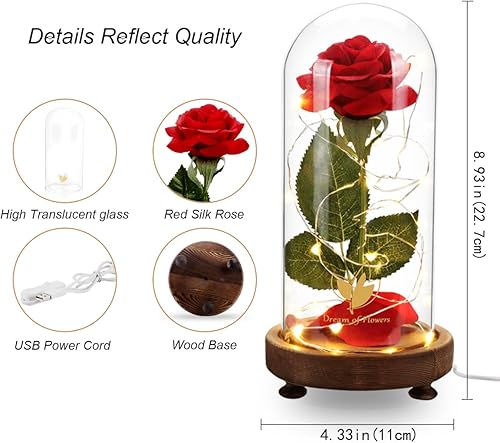 Miniatura 6 de Regalos de cumpleaños para mujer, rosa de la Bella y la Bestia en cúpula de cristal, rosa de seda con luces, regalo para mamá, regalos románticos