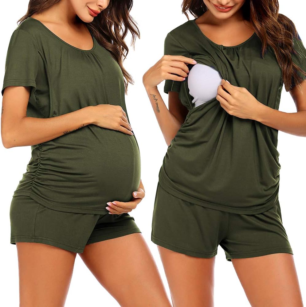 Ekouaer Women's Maternity Nursing Pajamas Set Breastfeeding Sleepwear Double Layer Short Sleeve Top & Shorts Pregnancy PJS, Olive, XX-Large