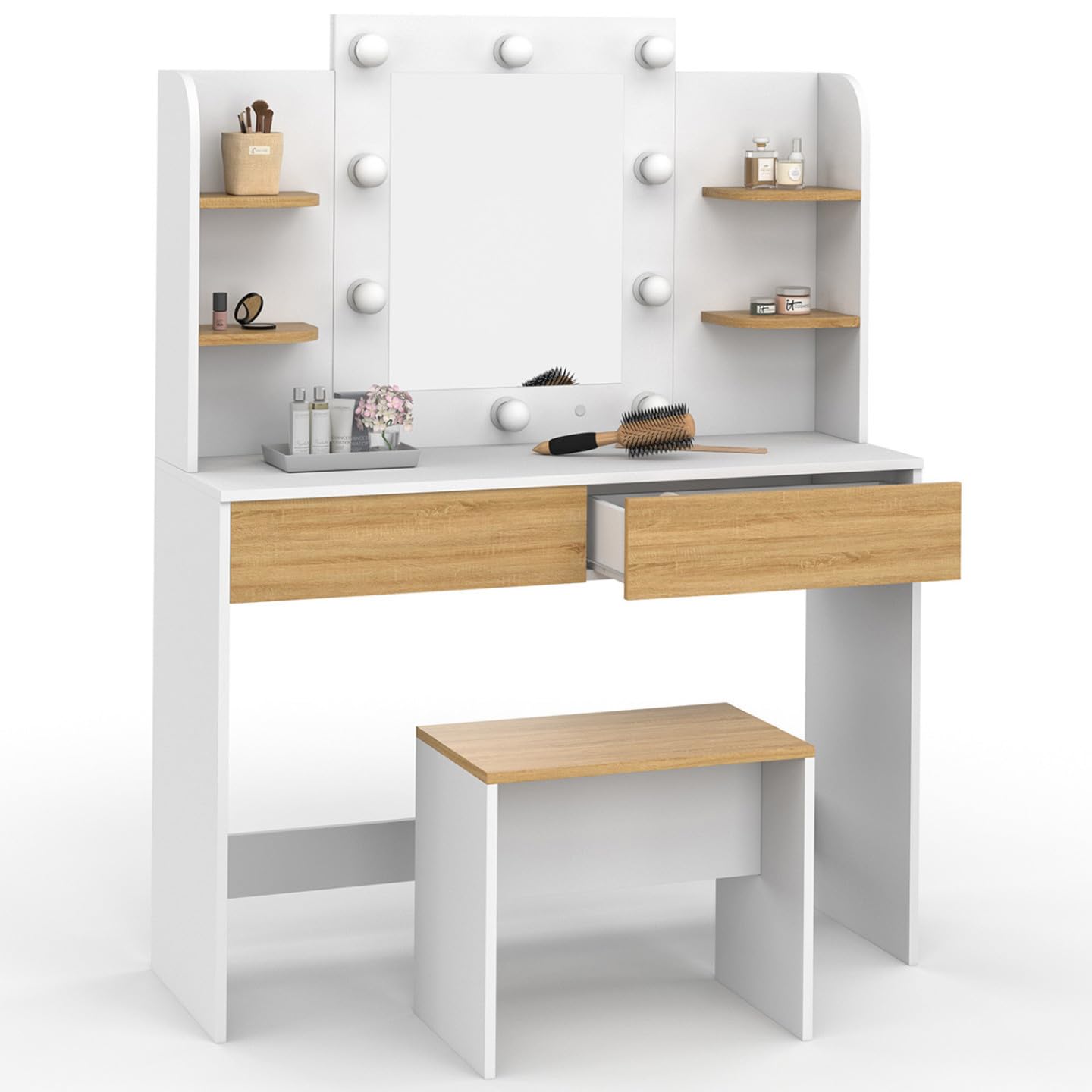 IDMarket - Coiffeuse Zelia Blanc et hêtre Miroir LED