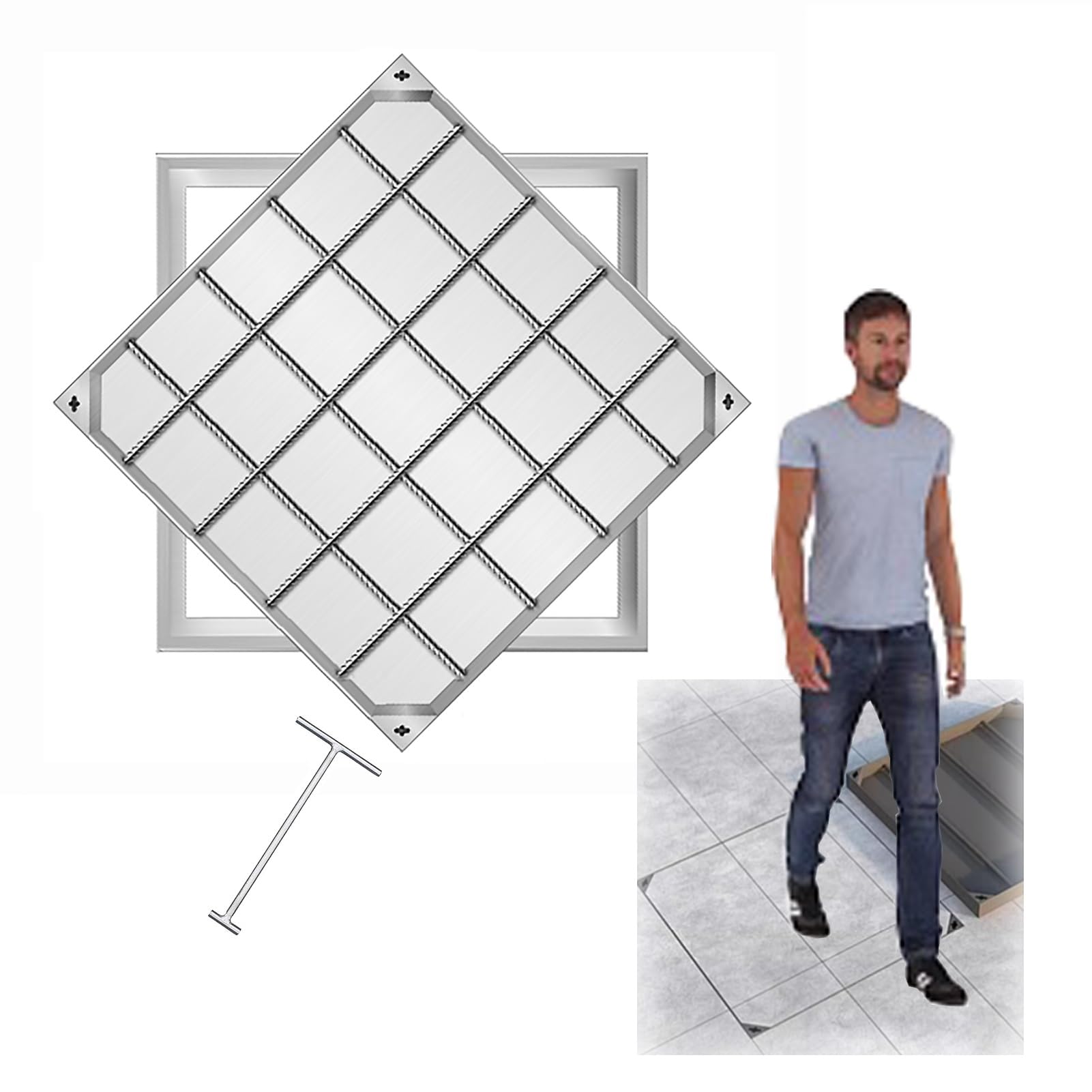 Arqueta con Tapa con Gancho, Tapa de Acero Inoxidable para Aguas Residuales, Cuadrado Tapa de Inspección Invisible(100x100cm/39x39in)