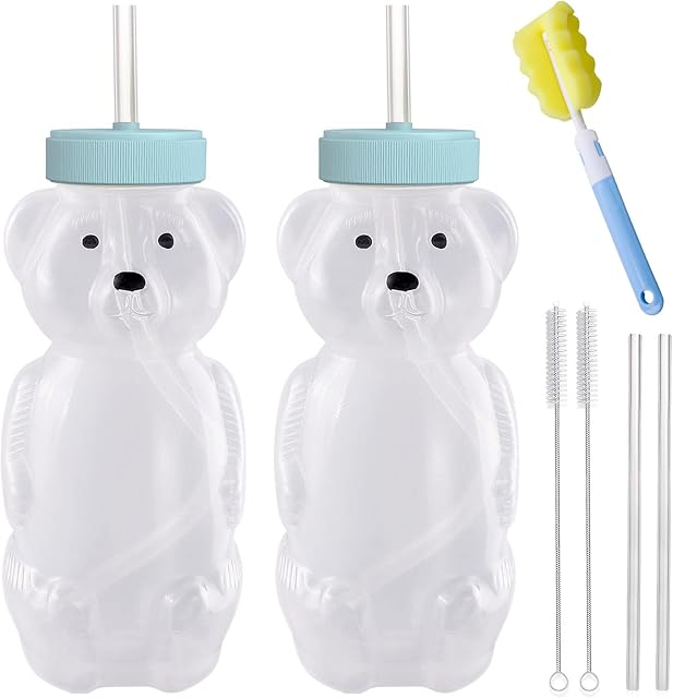 Honey Bear Coupes de paille, Bouteille de l'ours de jus Coupe de boisson longues Pailles avec 4 Paille flexible & Outils de nettoyage, 8-Ounce Bouteilles de thérapie pour la parole et l'alimentation, de qualité alimentaire & BPA Gratuit paquet de 2