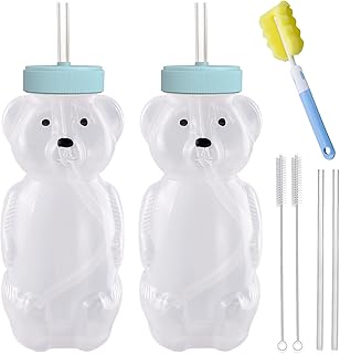Honey Bear Straw Cups, Juice Bear Bottle Drinking Cup Long Straws with 4 Flexible Straws & Cleaning Tools, 8-Ounce Therapy Sippy Bottles for Speech and Feeding Training, Food-Grade & BPA Free 2 Pack