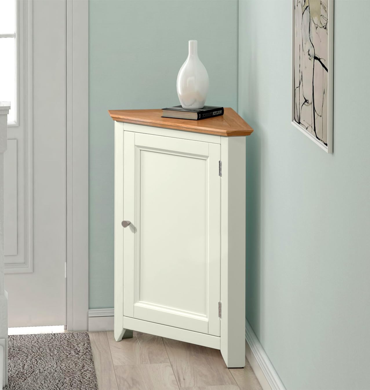 Hallowood Furniture Clifton Painted Off White Corner Storage Cabinet with Light Oak Top, Small Cupboard with Adjustable Shelves, Storage Corner Unit For Living Room, Dining Room or Kitchen