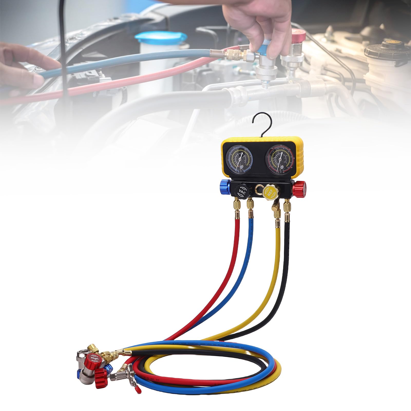 aqxreight Manomètres CVC avec Tuyaux Ensemble de Manomètres à 4 Voies pour Réfrigérants R410A R32 R134A R22 Comprend Un Débitmètre, des Soupapes de sécurité, des Adaptateurs, Un Outil de