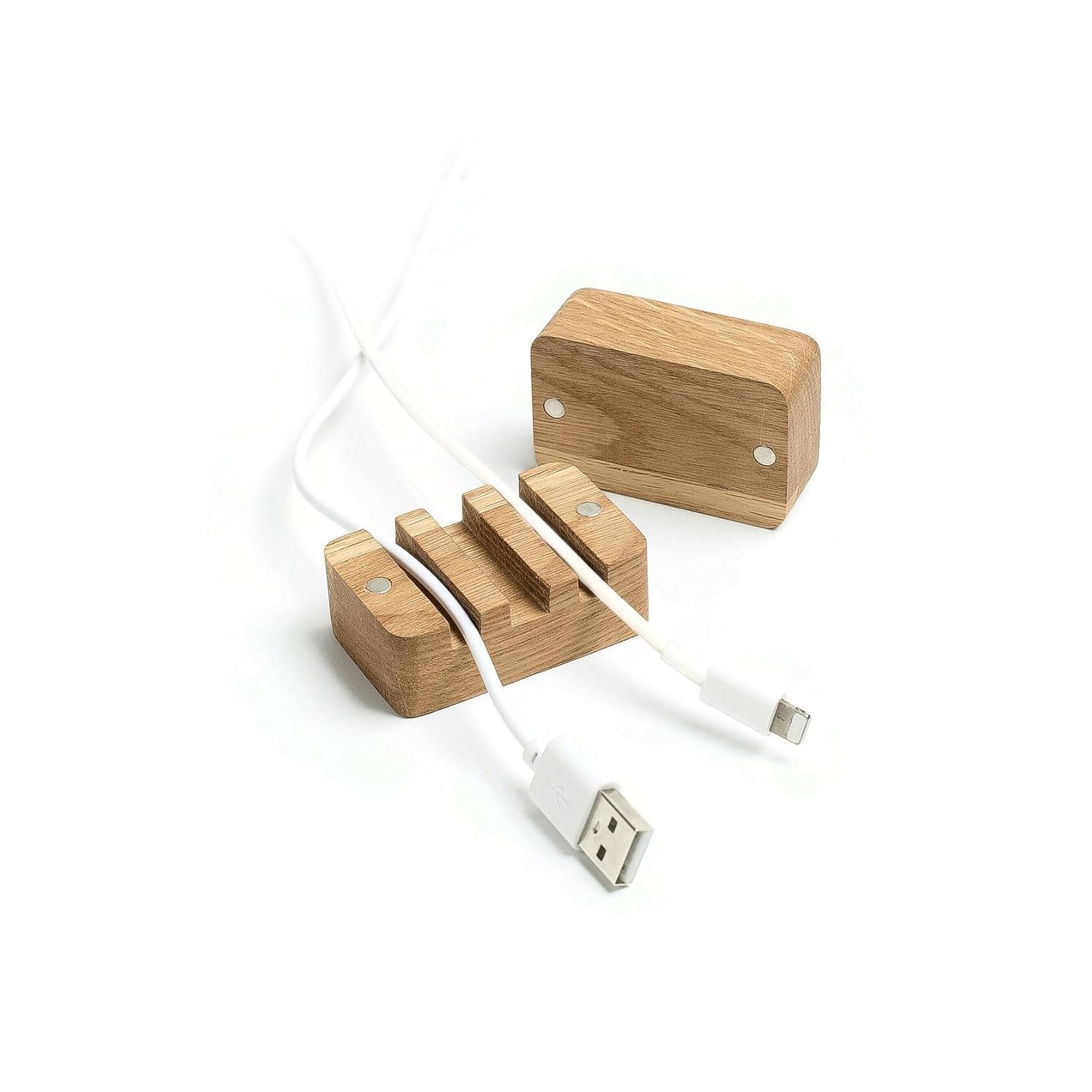 Keebori Wooden Cable Organizer Magnetic Cord Holder for Desk, Nightstand & Workstation Natural Oak Wire Management Clip (Laptop, Cable & Phone Stand Combo) 2