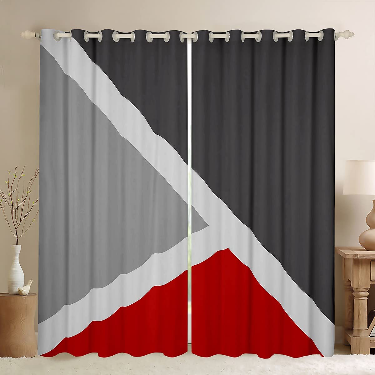 Homewish Boys Multi 23 Patchwork Geometric Blackout Curtains Red Dark Gray And Light Grey Window Curtains 46"X72" Triangle Curtains & Drapes For Farmhouse Room Decor Modern Abstract Window Treatments 2 Panels