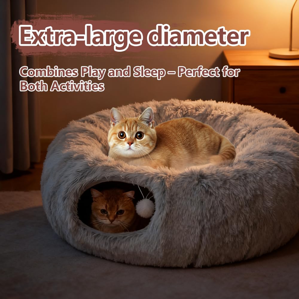 CanadianCat Company | Premium kattentunnel met slaapplaats Otis grijs knuffelbont binnenbekleding kattentunnel grote katten XXL 2-in-1 donuttunnel voor katten incl. pluizig ligkussen