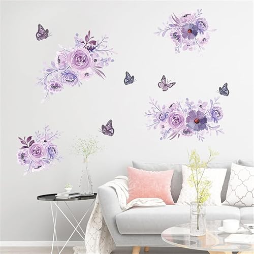 Miniatura 5 de Calcomanías de pared de flores moradas, calcomanías de pared de flores de acuarela de mariposa, hermosas plantas florales naturales, vinilo,
