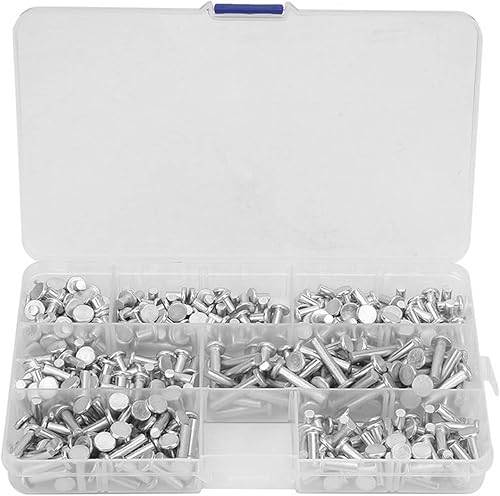 Miniatura 4 de Kit de remaches sólidos M4 de cabeza plana, kit surtido de 350 remaches de aluminio, múltiples remaches de aluminio de longitud 4/6/8/10/12/16/0.787