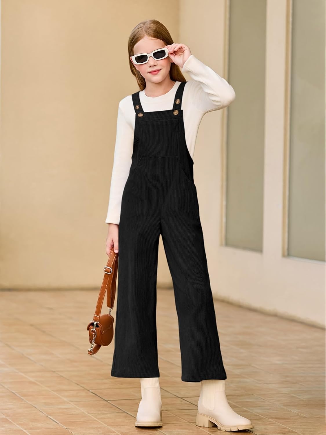 Haloumoning Girls Corduroy Overalls Kids Cute Adjustable Straps Wide Leg Jumpsuit with Pockets 5-14 Years - Image 2