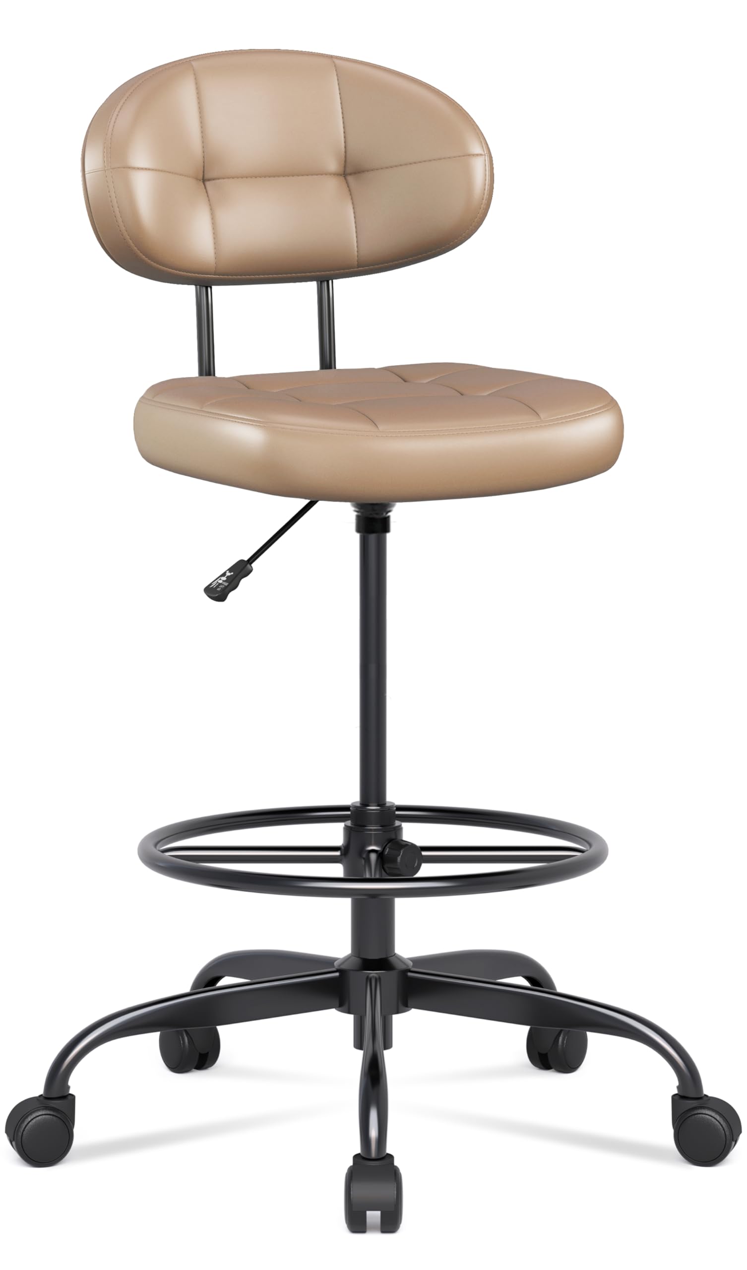 Misolant Drafting Chair Without Arms, Tall Office Chair with Footrest Ring for Standing Desk, Small Faux Leather Executive Office Chair with Adjustable Height for Bar Lab Counter Height Desk, Brown