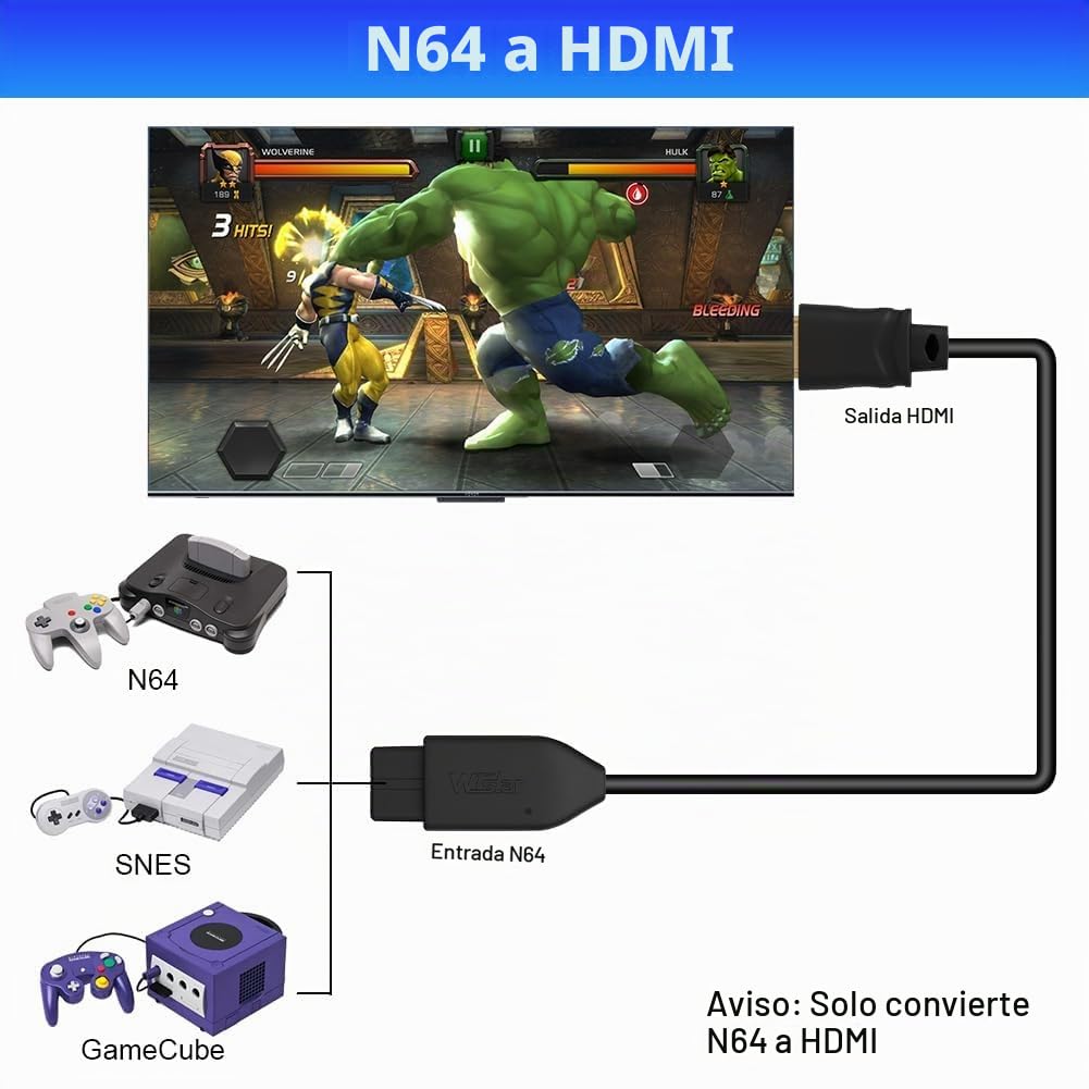 AXFEE Convertidor N64 a HDMI, Adaptador N64/SNES a HDMI, Convertidor Audio/Video de Plug and Play, Cable Adaptador Convertidor de Vídeo HD Compatible con N64, SuperSNES y Gamecubehesi