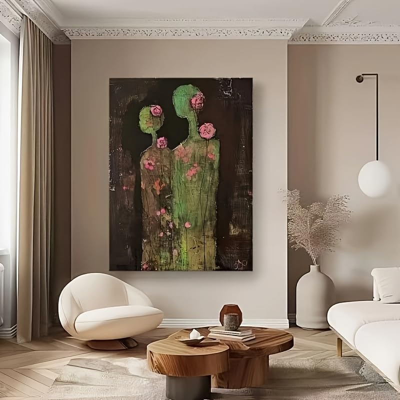 VCBNUGH Decorazione murale con coppia di fiori, stampa su tela con figure verdi e rose rosa, ideale per camera da letto o soggiorno (30x40 cm/con cornice)