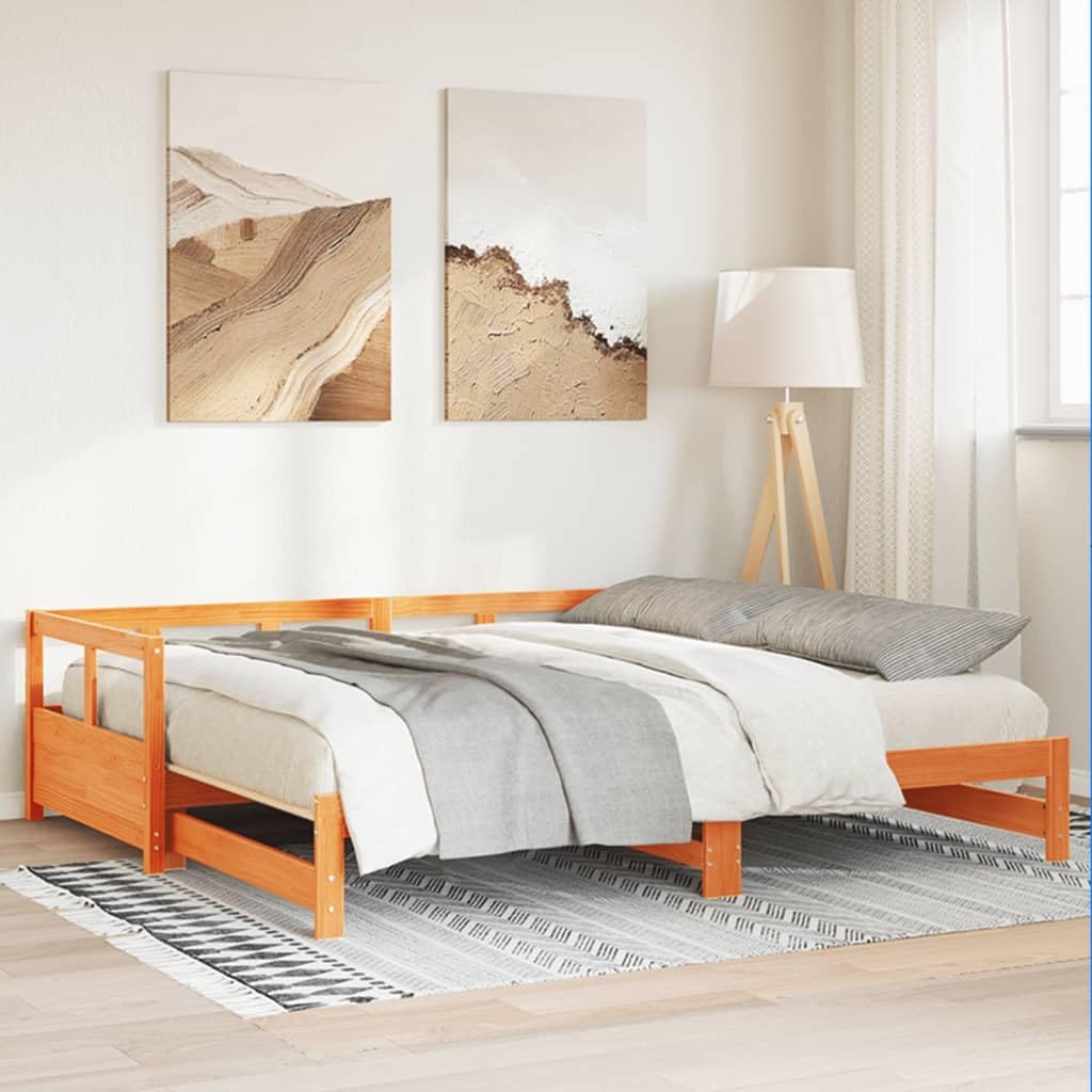 Letto da giorno in legno di pino massiccio, marrone cerato, 90 x 190 cm, con rete a doghe, estensibile come letto matrimoniale, salvaspazio per ospiti e camera da letto, struttura stabile con