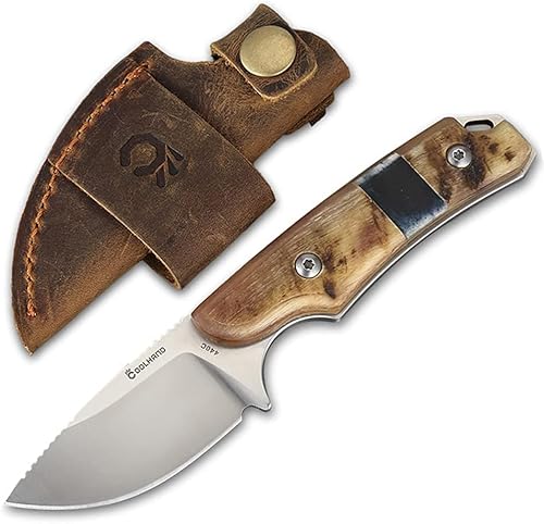 Cool Hand Cuchillo de caza de supervivencia compacto de espiga completa, funda de cuero con hebilla para cinturón, hoja fija para exteriores, mango