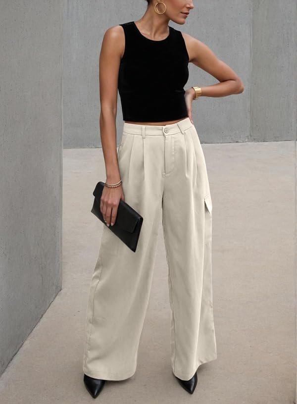 Dokotoo Work Pants Women Women's Pants Wide Leg Dress Plus Size Palazzo Business Casual High Waisted Slacks Trendy 2024 Fall Outfits Teacher Fashion Clothes Pockets Beige by Dokotoo - Image 3