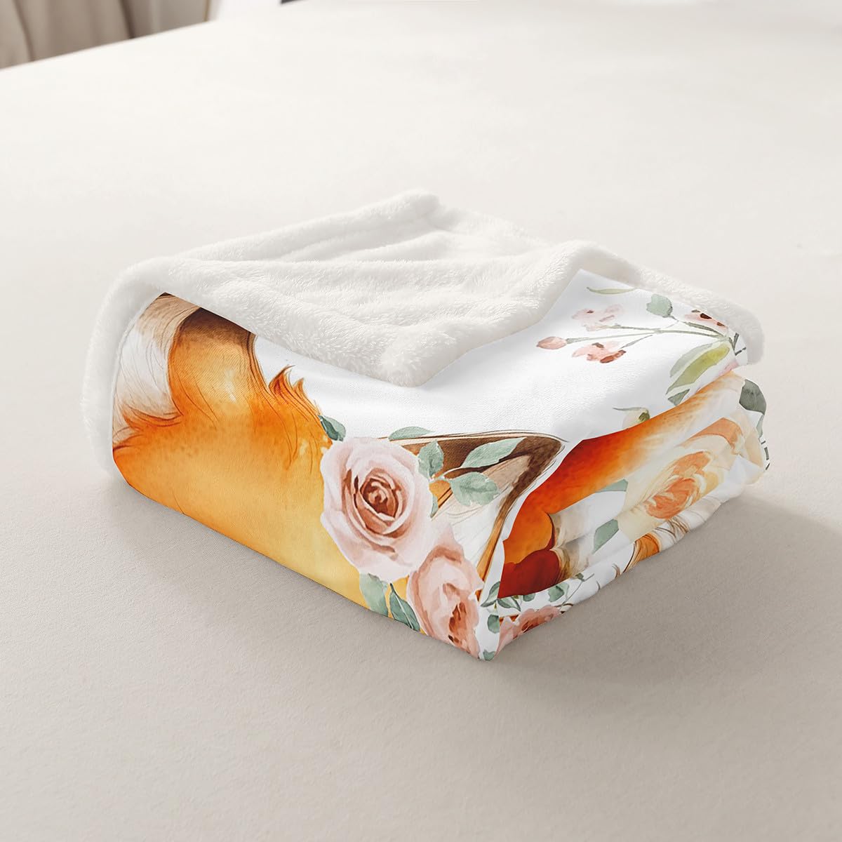Homewish Dzieci uroczy koc z lisem kawaii zwierzę narzuta koc podwójny, ogród płatki róży koce polarowe dla dziewcząt kobiet kreskówka dzika przyroda szerpa koce akwarela liść kwiaty puszysty lekki