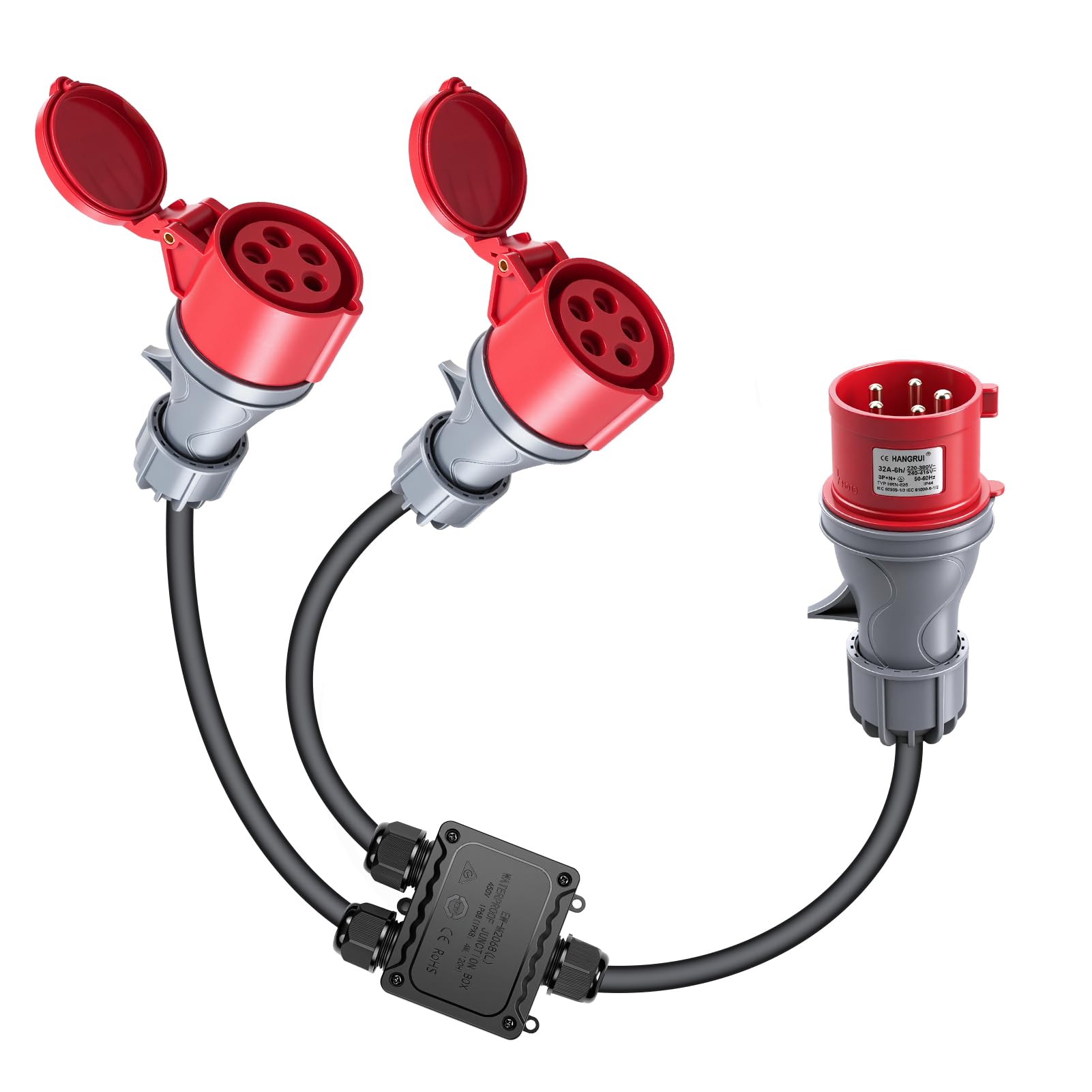 5Pin Adattatore CEE 32A a 16A ×2, Adattatore presa Industriale Lunghezza Totale 1,5m Protezione IP44, Adattatore ad alta corrente per Camper, Campeggio, Caravan, Barca, Cantiere, Uso Esterno