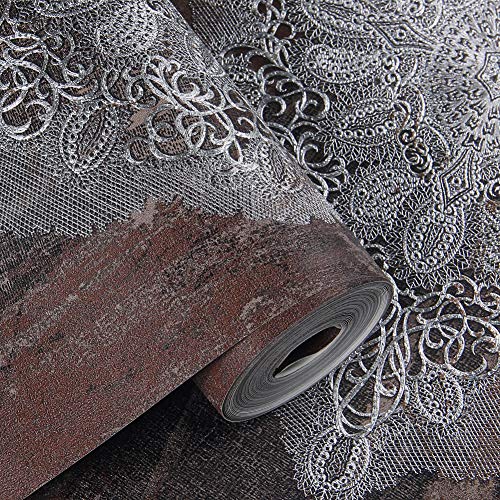 Jz·home Jz122 Luxury Damask Wallpaper Silver/Brown Metal Lace Embossed Wallpaper Bedroom Living Room Hotels Wall Decoration 20.8" X 393.7" #TOP3
