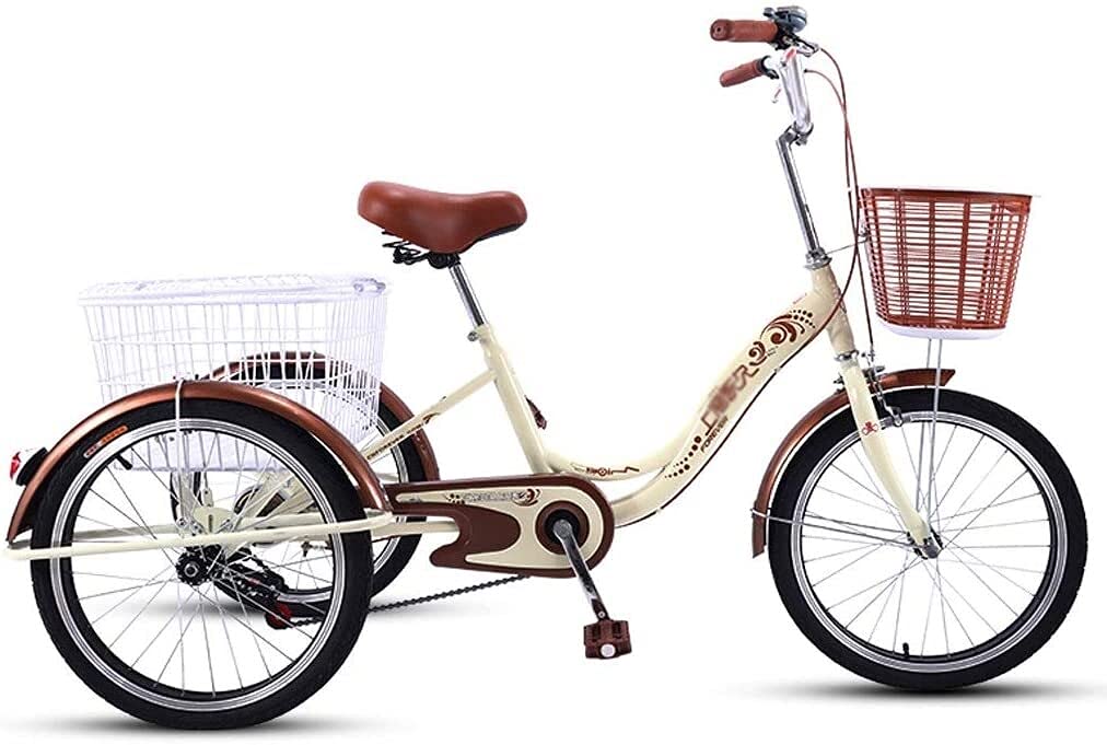 PAGOIAAR Adult Cargo Tricycles Beach Cruiser Bikes Shopping Tricycle for Adults 3 Wheel Bikes Manpower Tricycle Pedal Adult Bicycles for The Elderly Three-Wheeled with Large Size Basket(Beige)