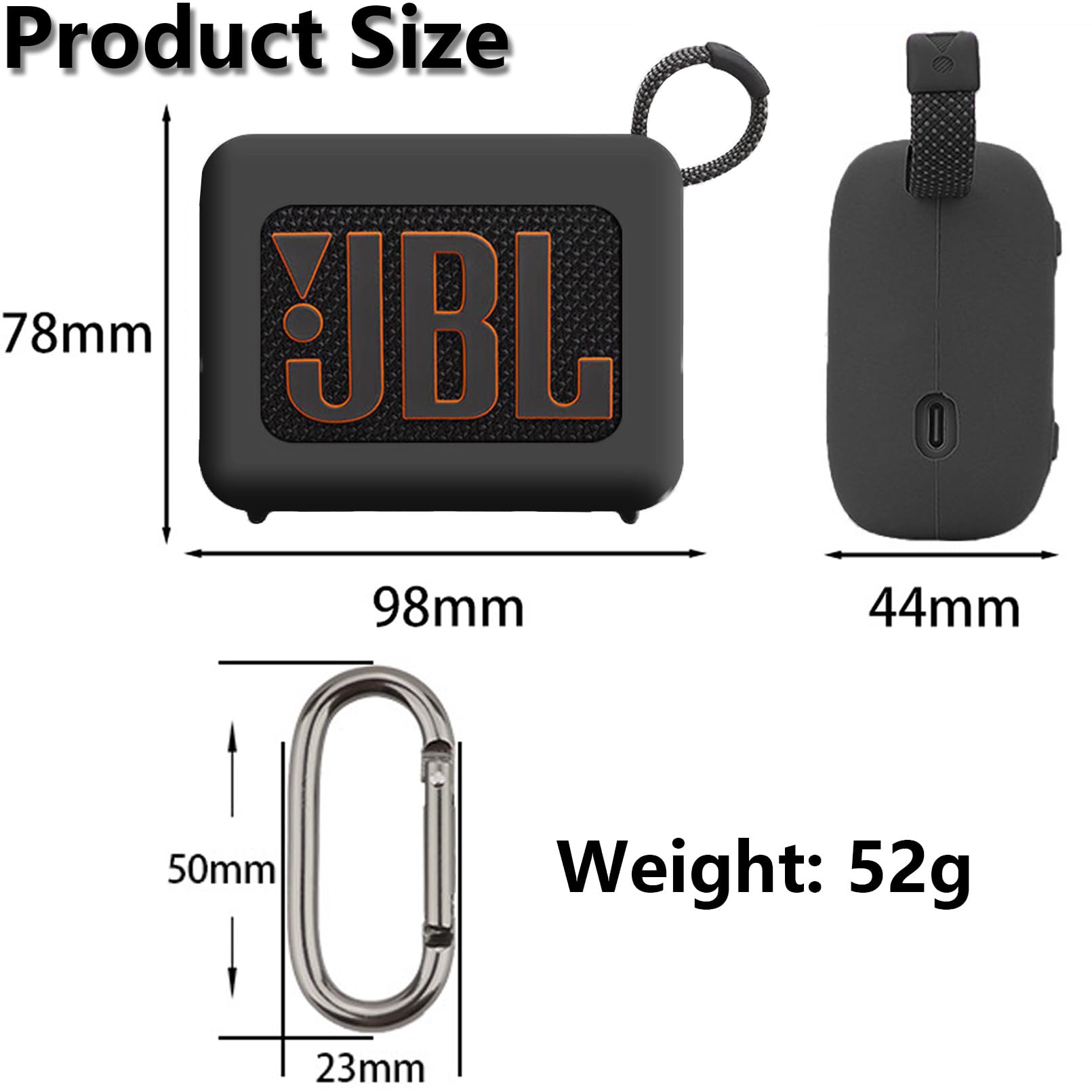 easyBee Etui do JBL Go 4 przenośne z karabińczykiem, płynny silikon, odporne na uderzenia, etui ochronne, głośnik, torba do przenoszenia, kolor czarny