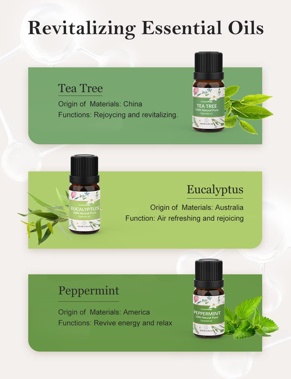 Set d'Huiles Essentielles 10x10ml 100% Naturelles pour Diffuseur d'Aromathérapie - Tea Tree Oil, Eucalyptus, Peppermint, Lemon, Orange, Lemongrass, Lavender, Rose, Ylang-Ylang, Vanilla