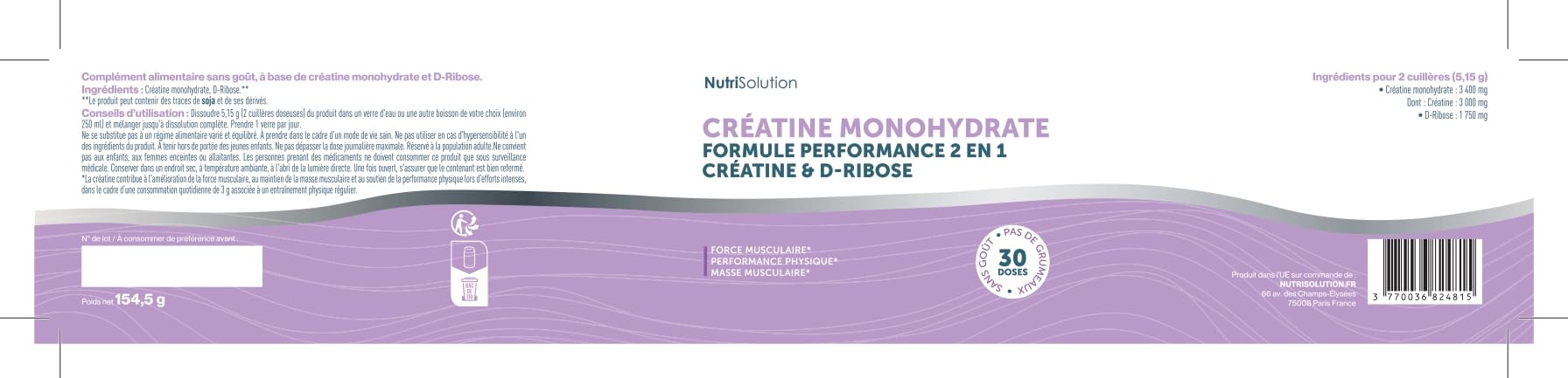 NutriSolution Créatine + D-Ribose pour Femmes 50+ | Préserve la Masse Musculaire, Soutient l'Énergie Quotidienne | 3000mg Créatine, 1750mg D-Ribose Par Portion