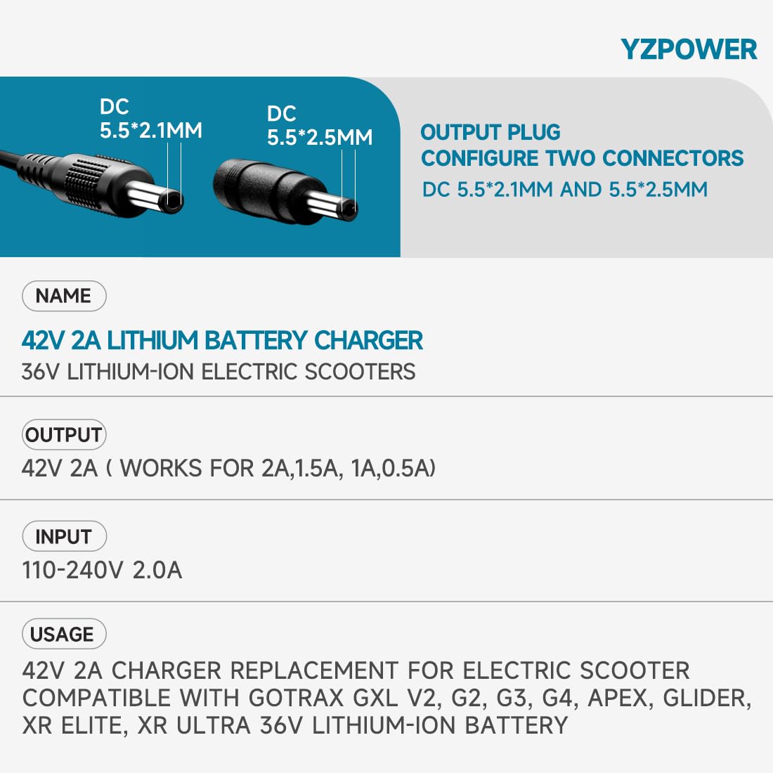 YZPOWER 42V 2A Lithium Battery Charger with Cooling Fan | Electric Scooter Charger for GOTRAX GXL/GXLV2/G4/APEX/XR Elite/XR Ultra/Rival | Compatible with 36V Hoverboards & E-Bikes